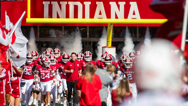 Indiana Head Coach Curt Cignetti leads the Hoosier onto the field before the start of the Indiana versus Nebraska football game at Memorial Stadium on Saturday, Oct. 19, 2024. Indiana Head Coach Curt Cignetti leads the Hoosier onto the field before the start of the Indiana versus Nebraska football game at Memorial Stadium on Saturday, Oct. 19, 2024.