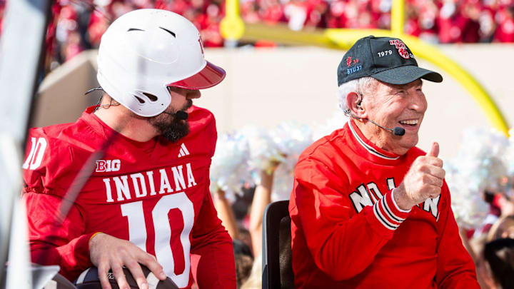 Kyle Schwarber and Lee Corso pick Indiana to win on College Gameday before the start of the Indiana versus Washington football game at Memorial Stadium on Oct. 26, 2024.