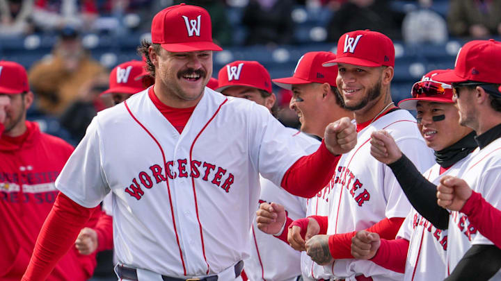Worcester pitcher Payton Tolle walks the line after being introduced on Opening Day March 27 at Polar Park.