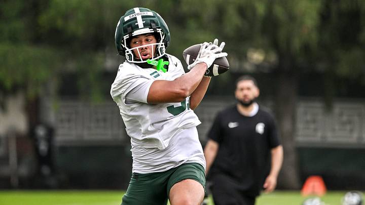 Michigan State tight end Jayden Savoury catches a pass during football practice on Thursday, Aug. 6, 2026, in East Lansing. Michigan State tight end Jayden Savoury catches a pass during football practice on Thursday, Aug. 6, 2026, in East Lansing.