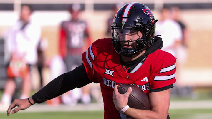 Brendan Sorsby runs with the ball during the Texas Tech football team's spring game, Friday, April 17, 2026, at Jones AT&T Stadium.