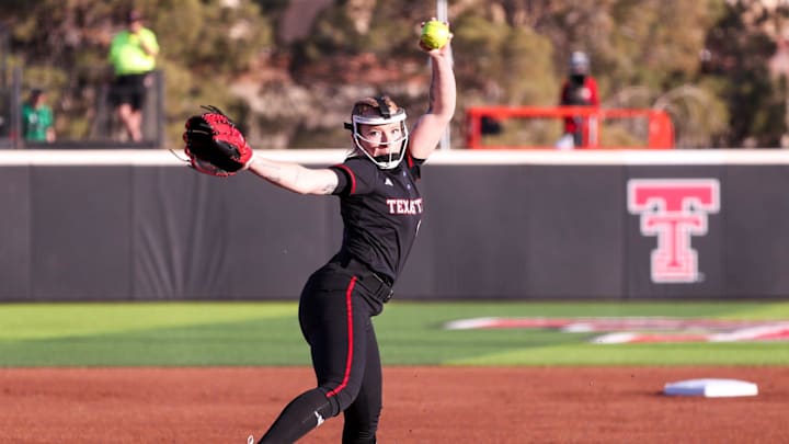 Texas Tech's Kaitlyn Terry pitches against North Texas during a Division I non-conference softball game, Friday, Feb. 27, 2026, at Rocky Johnson Field.