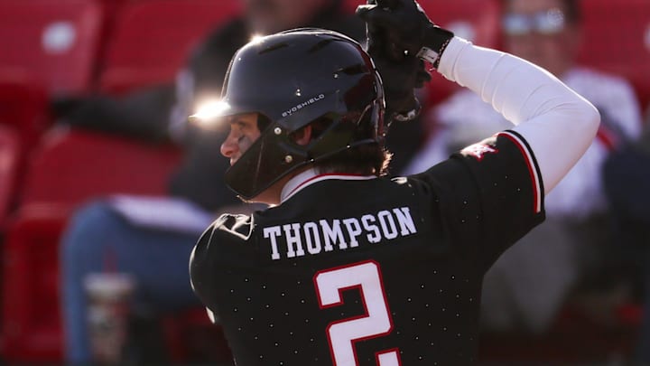Texas Tech's Kyeler Thompson awaits a pitch against UAlbany during a non-conference baseball game, Friday, Feb. 20, 2026, at Rip Griffin Park.
