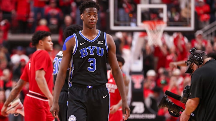 BYU's AJ Dybantsa walks the floor before a Big 12 Conference men's basketball game against Texas Tech, Saturday, Jan. 17, 2026, in United Supermarkets Arena.