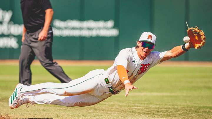 Miami Hurricanes second baseman Jake Ogden making a great catch against Lehigh.