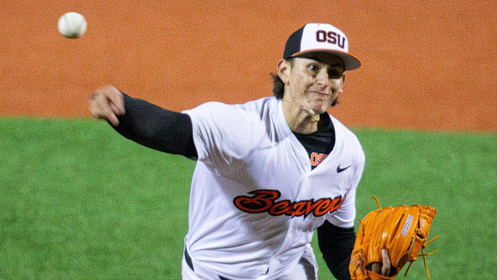 Oregon State's Eric Segura (16) pitches the ball during an NCAA college baseball game at Goss Stadium on Friday, March 7, 2025, in Corvallis, Ore.