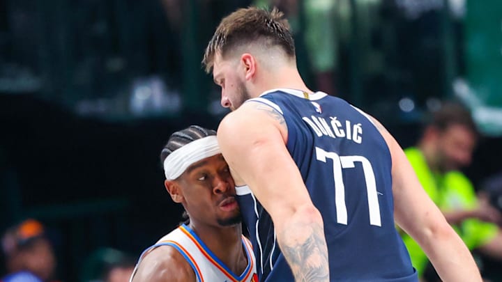 May 11, 2024; Dallas, Texas, USA; Oklahoma City Thunder guard Shai Gilgeous-Alexander (2) runs into May 11, 2024; Dallas, Texas, USA; Oklahoma City Thunder guard Shai Gilgeous-Alexander (2) runs into