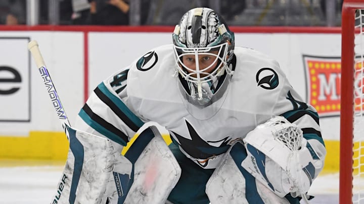 Nov 11, 2024; Philadelphia, Pennsylvania, USA; San Jose Sharks goaltender Vitek Vanecek (41) against the Philadelphia Flyers at Wells Fargo Center. Mandatory Credit: Eric Hartline-Imagn Images