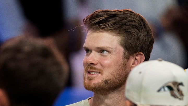 Minnesota Vikings quarterback Sam Darnold attends the TGL match between Jupiter Links GC and Atlanta Drive GC at SoFi Center on March 4, 2025, in Palm Beach Gardens, Florida.
