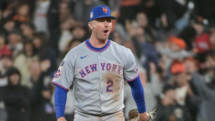 Jul 26, 2025; San Francisco, California, USA;  New York Mets first baseman Pete Alonso (20) reacts after making the final out against the San Francisco Giants at Oracle Park. Mandatory Credit: Ed Szczepanski-Imagn Images
