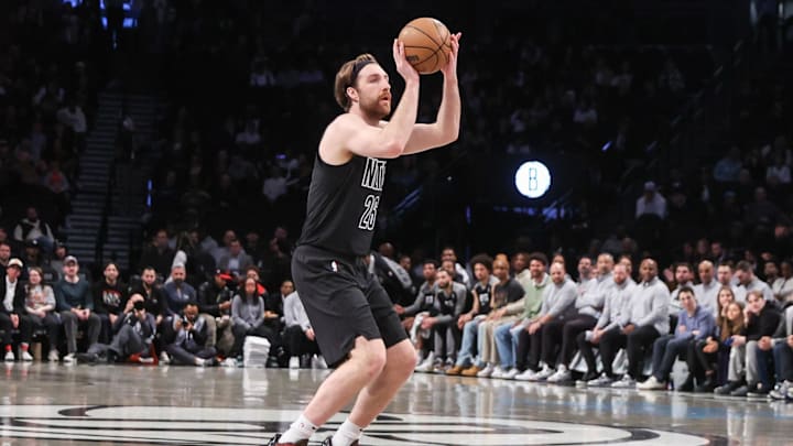 Apr 8, 2025; Brooklyn, New York, USA;  Brooklyn Nets forward Drew Timme (26) takes a three point shot in the first quarter against the New Orleans Pelicans at Barclays Center. Mandatory Credit: Wendell Cruz-Imagn Images