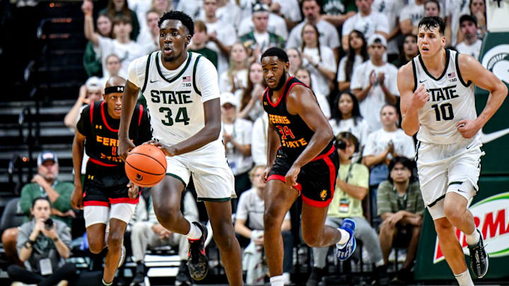 Michigan State's Xavier Booker moves the ball against Ferris State during the first half on Tuesday, Oct. 29, 2024, in East Lansing.