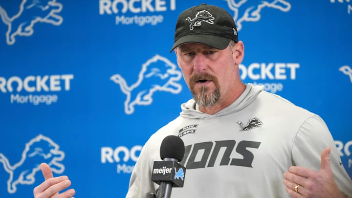 Detroit Lions head coach Dan Campbell speaks to members of the media at the Detroit Lions practice facility in Allen Park on Monday, Jan. 20, 2025, following his team’s NFC divisional playoff loss.