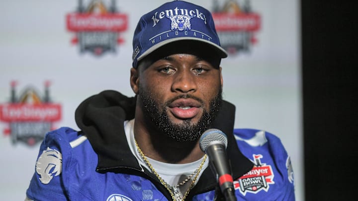 December 28, 2023; Jacksonville, FL; Kentucky running back Ray Davis (1) talks with media at the TaxSlayer Gator Bowl Press Conference at EverBank Stadium.  Mandatory Credit: Ken Ruinard-USA TODAY NETWORK.