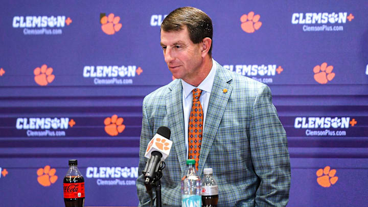 Nov 30, 2024; Clemson, South Carolina, USA; Clemson head coach Dabo Swinney talks at a press conference after the game  at Memorial Stadium. 