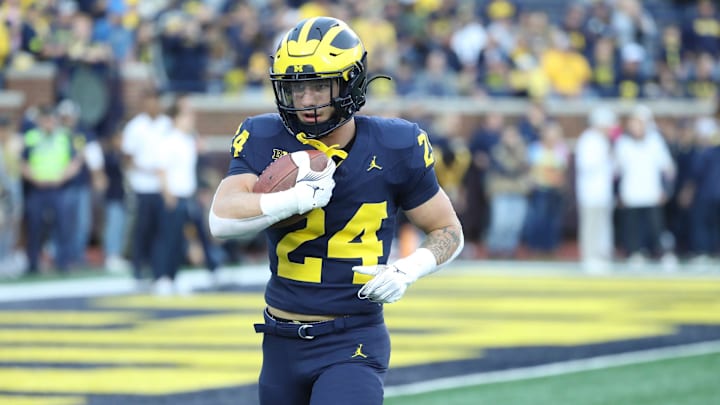 Michigan Wolverines running back Cole Cabana (24) warms up before action against the Bowling Green Falcons Saturday, Sept.16 2023.