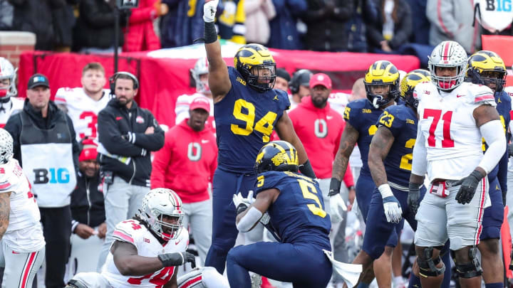 Michigan defensive lineman Kris Jenkins (94) celebrates a tackle against Ohio State during the Wolverines 30-24 win in Ann Arbor.