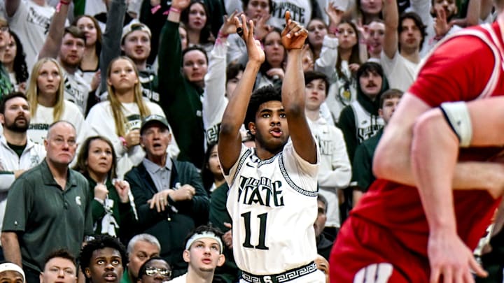 Michigan State's Jase Richardson makes a 3-pointer against Wisconsin during the second half on Sunday, March 2, 2025, at the Breslin Center in East Lansing.