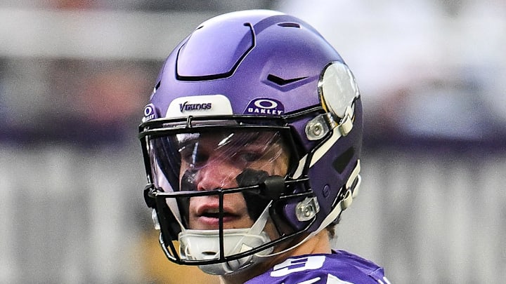 Dec 7, 2025; Minneapolis, Minnesota, USA; Minnesota Vikings quarterback J.J. McCarthy (9) drops back to pass against the Washington Commanders during the first half at U.S. Bank Stadium. Mandatory Credit: Jeffrey Becker-Imagn Images