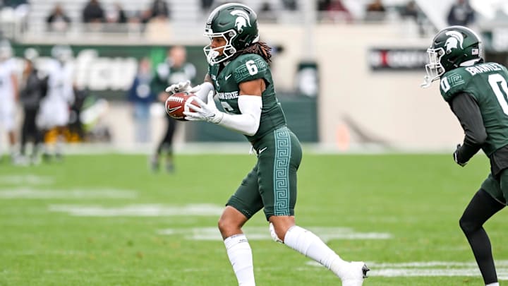 Michigan State's Ade Willie runs a drill during the Spring Showcase on Saturday, April 20, 2024, at Spartan Stadium in East Lansing.