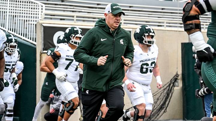 Michigan State's head coach Pat Fitzgerald and the Spartans takes the field during the football Spring Showcase on Saturday, April 18, 2026, at Spartan Stadium in East Lansing. Michigan State's head coach Pat Fitzgerald and the Spartans takes the field during the football Spring Showcase on Saturday, April 18, 2026, at Spartan Stadium in East Lansing.