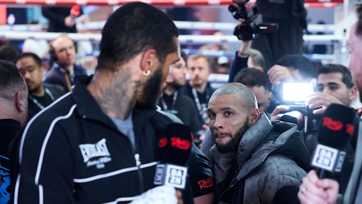 Conor Benn and Chris Eubank Jr. stare at each other during media workouts