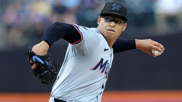 Jun 11, 2024; New York City, New York, USA; Miami Marlins starting pitcher Jesus Luzardo (44) pitches against the New York Mets during the first inning at Citi Field