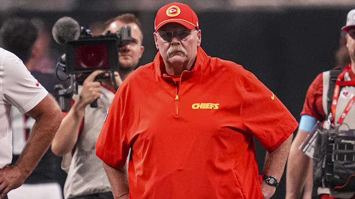 Kansas City Chiefs head coach Andy Reid shown on the field before the game against the Atlanta Falcons at Mercedes-Benz Stadium.