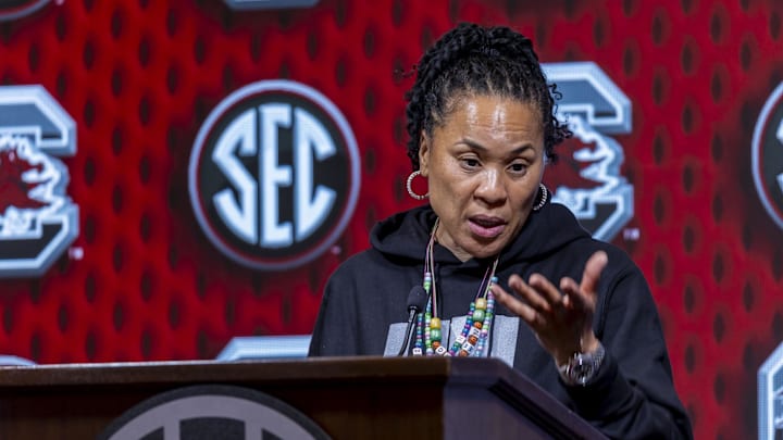 Oct 16, 2024; Birmingham, AL, USA; South Carolina Gamecocks head coach Dawn Staley talks with the media during SEC Media Days at Grand Bohemian Hotel. Mandatory Credit: Vasha Hunt-Imagn Images