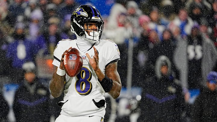 Baltimore Ravens quarterback Lamar Jackson gets ready to launch the ball during first half action at the Buffalo Bills divisional game against the Baltimore Ravens at Highmark Stadium in Orchard Park on Jan. 19, 2025.