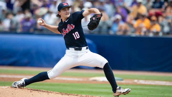 Ole Miss Rebels' Cade Townsend (10) pitches as Ole Miss Rebels take on LSU Tigers during the SEC baseball tournament at Hoover Met in Birmingham, Ala., on Saturday, May 24, 2025.