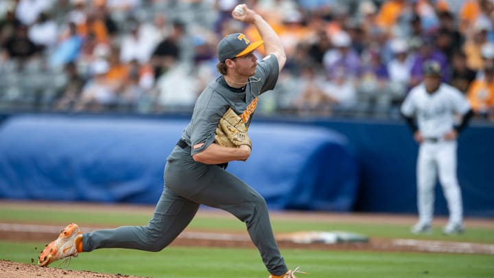 Tennessee Volunteer's Dylan Loy (37) pitches the ball as Vanderbilt Commodores take on Tennessee Volunteer during the SEC baseball tournament at Hoover Met in Birmingham, Ala., on Saturday, May 24, 2025.