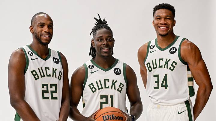 Sep 25, 2022; Milwaukee, WI, USA; Milwaukee Bucks forward Khris Middleton (22), guard Jrue Holiday (21) and forward Giannis Antetokounmpo (34) pose for a picture during media day at the Fiserv Forum.Mandatory Credit: Benny Sieu-USA TODAY Sports Sep 25, 2022; Milwaukee, WI, USA; Milwaukee Bucks forward Khris Middleton (22), guard Jrue Holiday (21) and forward Giannis Antetokounmpo (34) pose for a picture during media day at the Fiserv Forum.Mandatory Credit: Benny Sieu-USA TODAY Sports