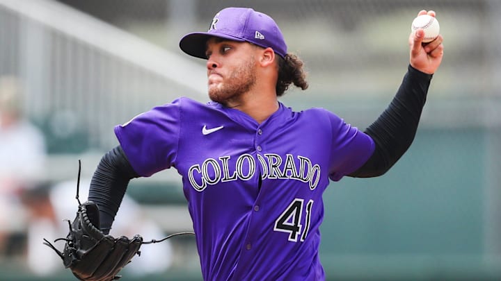 Colorado Rockies pitcher Luis Peralta (41) throws during a spring training game against the Minnesota Twins at Lee Health Sports Complex in Fort Myers, Fla., on Tuesday, March 25, 2025.