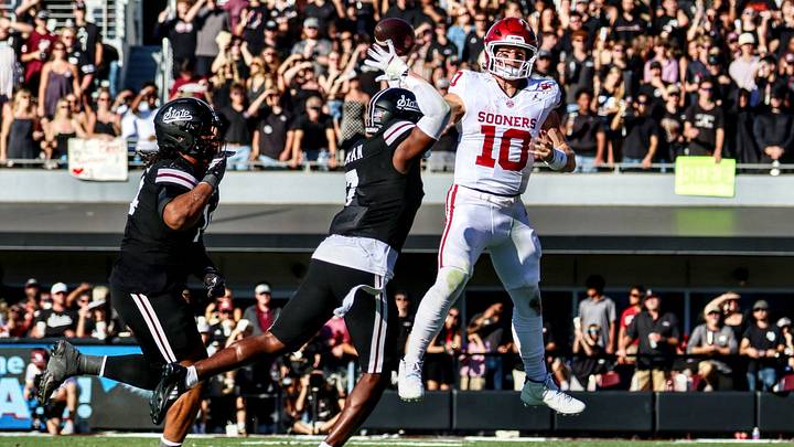 Oklahoma quarterback John Mateer passes the ball against Mississippi State. Oklahoma quarterback John Mateer passes the ball against Mississippi State.