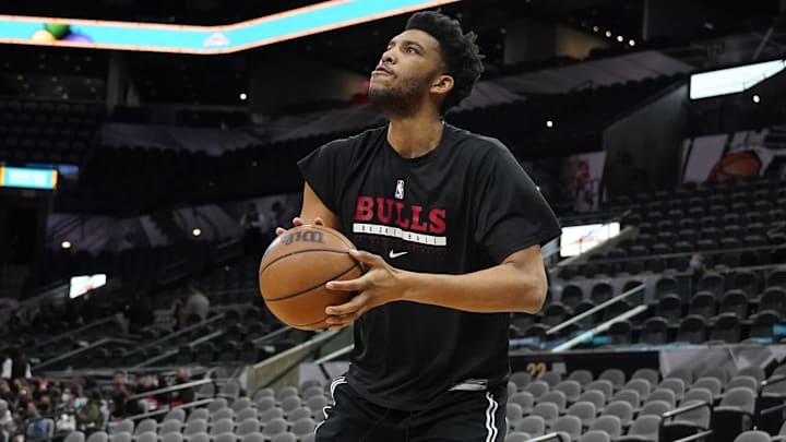 Jan 28, 2022; San Antonio, Texas, USA; Chicago Bulls center Tony Bradley (13) shoots before the game against the San Antonio Spurs at AT&T Center. Mandatory Credit: Scott Wachter-Imagn Images
