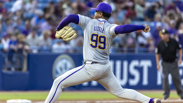 Louisiana State pitcher Christian Little throws during an SEC Tournament game against South Carolina on May 23, 2024, Hoover Metropolitan Stadium. Louisiana State pitcher Christian Little throws during an SEC Tournament game against South Carolina on May 23, 2024, Hoover Metropolitan Stadium.