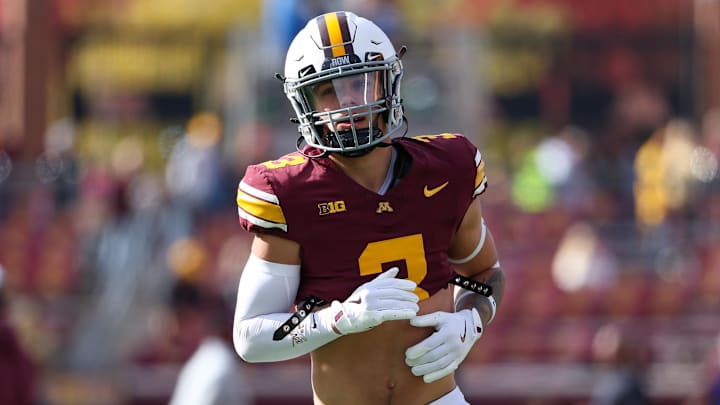 Oct 26, 2024; Minneapolis, Minnesota, USA; Minnesota Golden Gophers defensive back Koi Perich (3) warms up before the game against the Maryland Terrapins at Huntington Bank Stadium. Mandatory Credit: Matt Krohn-Imagn Images