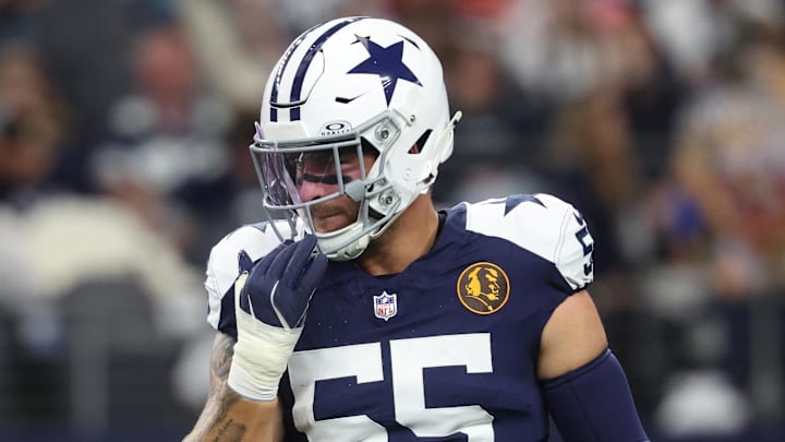 Nov 27, 2025; Arlington, Texas, USA; Dallas Cowboys linebacker Logan Wilson (55) warms up prior to the game against the Kansas City Chiefs at AT&T Stadium. Mandatory Credit: Kevin Jairaj-Imagn Images