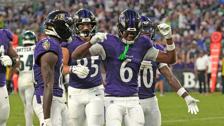 Aug 15, 2026; Baltimore, Maryland, USA; Baltimore Ravens wide receiver Ja’Kobi Lane (6) is greeted by teammates after his touchdown catch during the second quarter against the Philadelphia Eagles at M&T Bank Stadium. Mandatory Credit: Mitch Stringer-Imagn Images Aug 15, 2026; Baltimore, Maryland, USA; Baltimore Ravens wide receiver Ja’Kobi Lane (6) is greeted by teammates after his touchdown catch during the second quarter against the Philadelphia Eagles at M&T Bank Stadium. Mandatory Credit: Mitch Stringer-Imagn Images