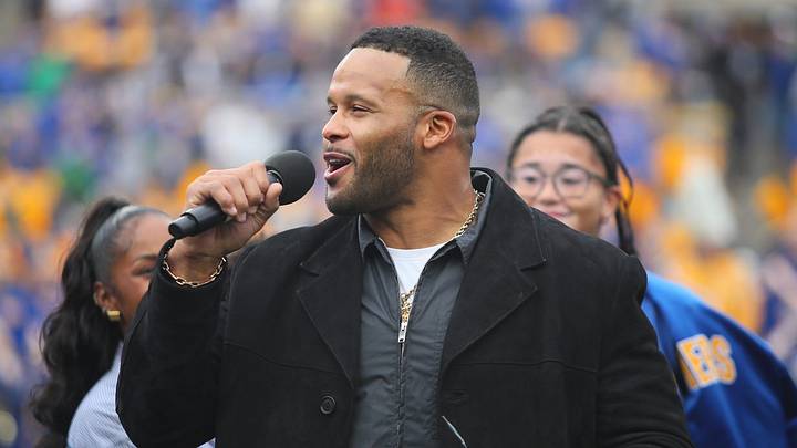 Former Pittsburgh Panther and retired NFL defensive tackle Aaron Donald sheds a tear while speaking to the crowd during his jersey number retirement ceremony during halftime of the Pittsburgh Panthers vs Notre Dame Fighting Irish game at Acrisure Stadium in Pittsburgh, PA on November 15, 2025. Former Pittsburgh Panther and retired NFL defensive tackle Aaron Donald sheds a tear while speaking to the crowd during his jersey number retirement ceremony during halftime of the Pittsburgh Panthers vs Notre Dame Fighting Irish game at Acrisure Stadium in Pittsburgh, PA on November 15, 2025.
