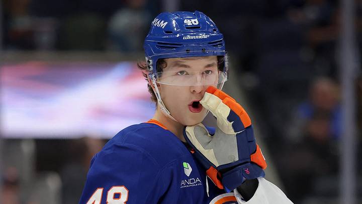 Mar 28, 2026; Elmont, New York, USA; New York Islanders defenseman Matthew Schaefer (48) talks to a teammate during the third period against the Florida Panthers at UBS Arena. Mandatory Credit: Brad Penner-Imagn Images
