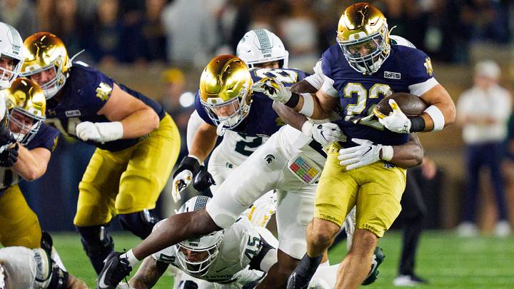 Notre Dame running back Aneyas Williams (22) rushes the ball during a NCAA football game against Michigan State at Notre Dame Stadium on Saturday, Sept. 19, 2026, in South Bend. Notre Dame running back Aneyas Williams (22) rushes the ball during a NCAA football game against Michigan State at Notre Dame Stadium on Saturday, Sept. 19, 2026, in South Bend.
