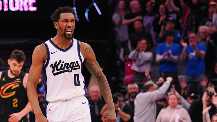 Mar 19, 2025; Sacramento, California, USA; Sacramento Kings guard Malik Monk (0) celebrates after a basket against the Cleveland Cavaliers during the fourth quarter at Golden 1 Center. Mandatory Credit: Kelley L Cox-Imagn Images Mar 19, 2025; Sacramento, California, USA; Sacramento Kings guard Malik Monk (0) celebrates after a basket against the Cleveland Cavaliers during the fourth quarter at Golden 1 Center. Mandatory Credit: Kelley L Cox-Imagn Images