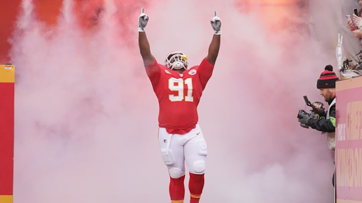 Dec 25, 2023; Kansas City, Missouri, USA; Kansas City Chiefs defensive tackle Derrick Nnadi (91) is introduced against the Las Vegas Raiders prior to a game at GEHA Field at Arrowhead Stadium. Mandatory Credit: Denny Medley-Imagn Images