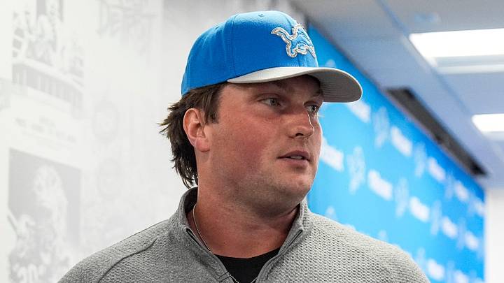 Detroit Lions first round draft Blake Miller walks off the podium after speaking at the introductory press conference Detroit Lions first round draft Blake Miller walks off the podium after speaking at the introductory press conference