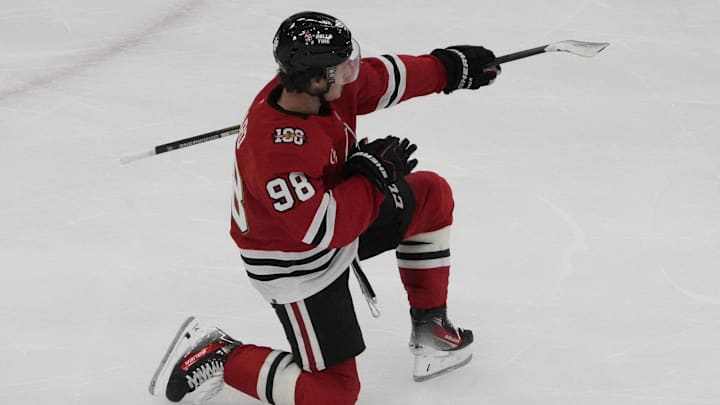 Oct 28, 2025; Chicago, Illinois, USA; Chicago Blackhawks center Connor Bedard (98) celebrates his hat trick against the Ottawa Senators during the third period at United Center. Mandatory Credit: David Banks-Imagn Images Oct 28, 2025; Chicago, Illinois, USA; Chicago Blackhawks center Connor Bedard (98) celebrates his hat trick against the Ottawa Senators during the third period at United Center. Mandatory Credit: David Banks-Imagn Images