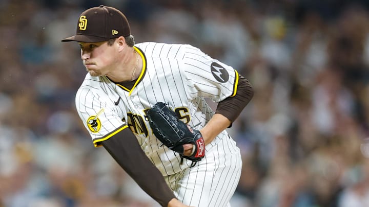 Aug 9, 2025; San Diego, California, USA; San Diego Padres relief pitcher Mason Miller (22) throws a pitch during the seventh inning against the Boston Red Sox at Petco Park. Mandatory Credit: David Frerker-Imagn Images