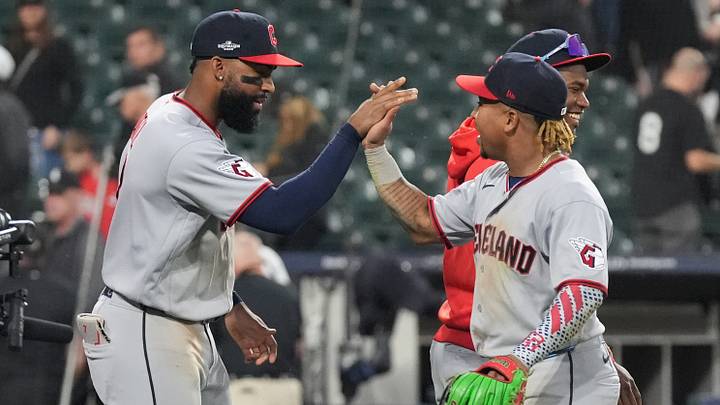 Oct 7, 2026; Chicago, Illinois, USA; Cleveland Guardians third baseman Jose Ramirez, right, celebrates with designated hitter Jo Adell (7) after the Guardians beat the Chicago White Sox in game three of the ALDS for the 2026 MLB Playoffs at Rate Field. Mandatory Credit: David Banks-Imagn Images Oct 7, 2026; Chicago, Illinois, USA; Cleveland Guardians third baseman Jose Ramirez, right, celebrates with designated hitter Jo Adell (7) after the Guardians beat the Chicago White Sox in game three of the ALDS for the 2026 MLB Playoffs at Rate Field. Mandatory Credit: David Banks-Imagn Images