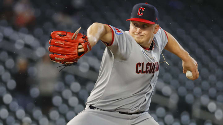 Sep 19, 2025: Cleveland Guardians starting pitcher Parker Messick (77) throws to the Minnesota Twins in the first inning at Target Field. 